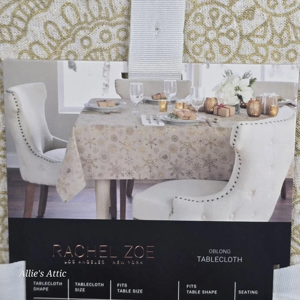 Rachel Zoe Tablecloth 60x84 New Gold White Beige Boho Floral Minimilist Cotton‎